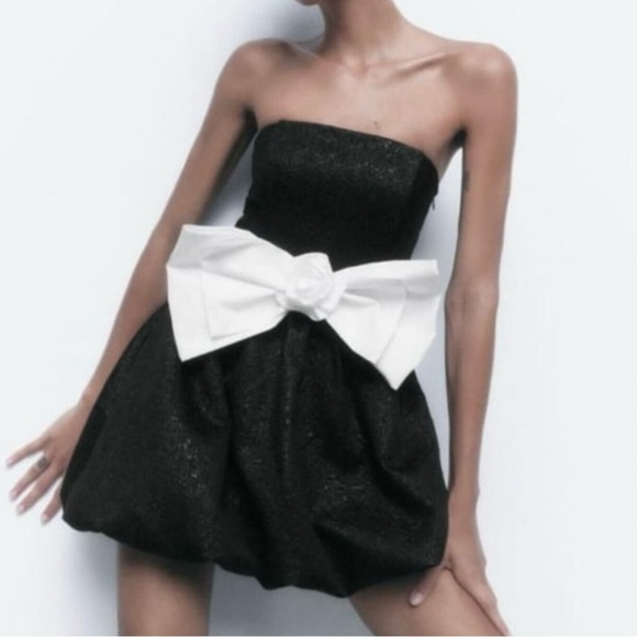 Zara Elegant Black Dress with White Bow - Picture 1 of 7